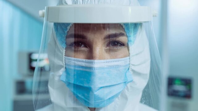 Close up of healthcare worker wearing protective mask and face shield in medical environment