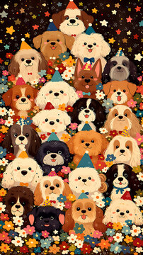 Pet Birthday Party Mobile Splash Screen Wallpaper High Density Cartoon Puppies Pyramid with Stars and Flowers Background