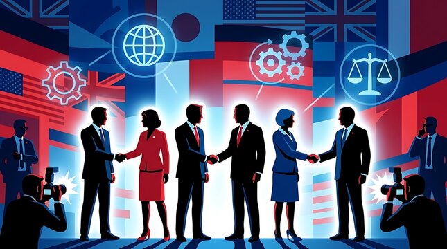 International diplomatic meeting and global cooperation concept business people shaking hands in front of world flags with icons of globalization, industry, and justice