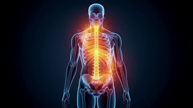 Human skeleton anatomy with highlighted spine and hip pain areas medical illustration