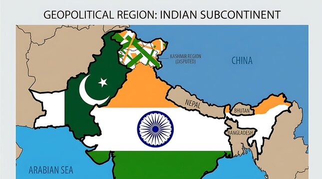 Geopolitical map of the indian subcontinent showing national borders, flags of india and pakistan, and the disputed kashmir region, isolated on white background