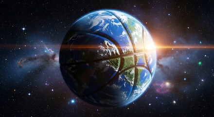 Fototapeta premium The Earth rotates rapidly in space with sun rays shining through atmosphere