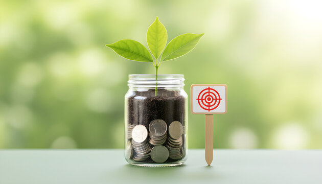Plant growing from coins in jar reaching financial goal
