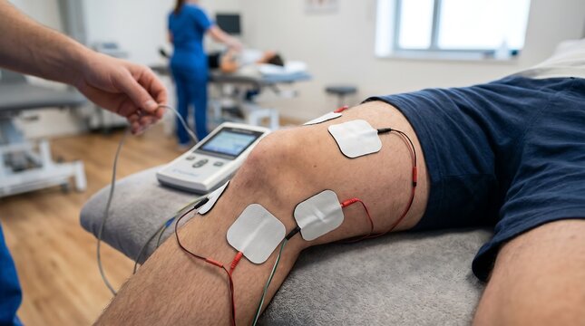 A patient undergoing electrotherapy treatment on their knee and thigh in a physiotherapy clinic, with a therapist adjusting the electrodes.
