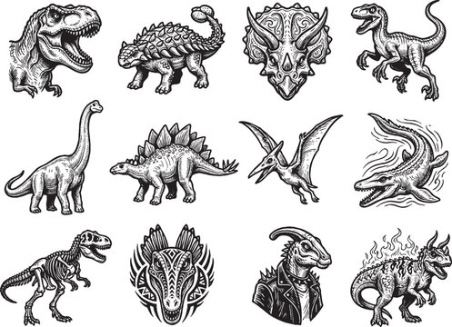 Various dinosaurs are depicted in a collection of illustrations viewed from different angles.
