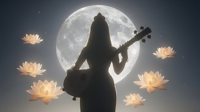 Woman playing sitar under moonlight.