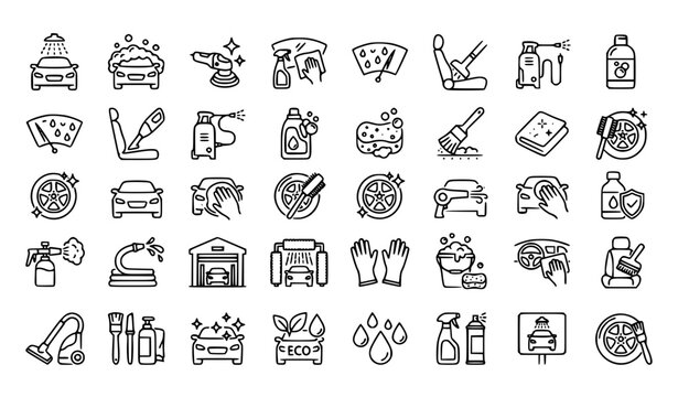 Car Wash and Auto Detailing Line Icon Set Featuring Cleaning Polishing Vacuum and Washing Service Symbols