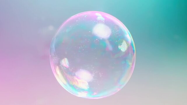 Floating transparent bubble with iridescent reflections against pastel gradient, delicate glassy surface catching light with subtle rainbow highlights, minimal airy composition with dreamy aesthetic