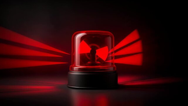 Red emergency alarm light flashing with intense glow on dark background for safety alerts