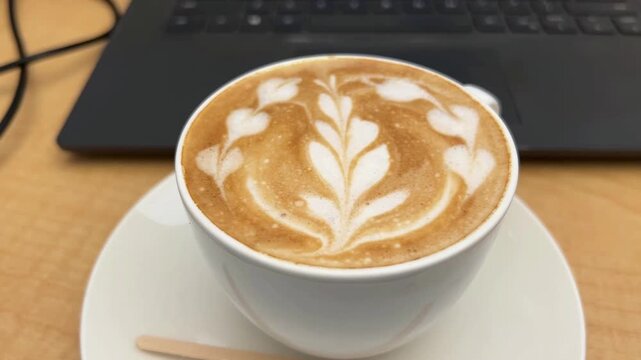 A beautifully decorated cup of fresh cappuccino with intricate latte art, set against a blurred laptop screen in a cozy coffee shop environment.