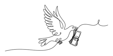 A single line art drawing of a flying dove bird carrying a stack of cash money in its beak representing financial freedom and peace in a minimalist style Vector, illustration © Ratna Art_Gallery