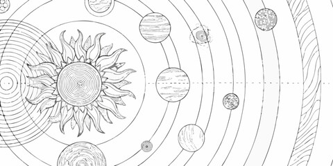 solar system diagram black and white line art illustration © Prosanta