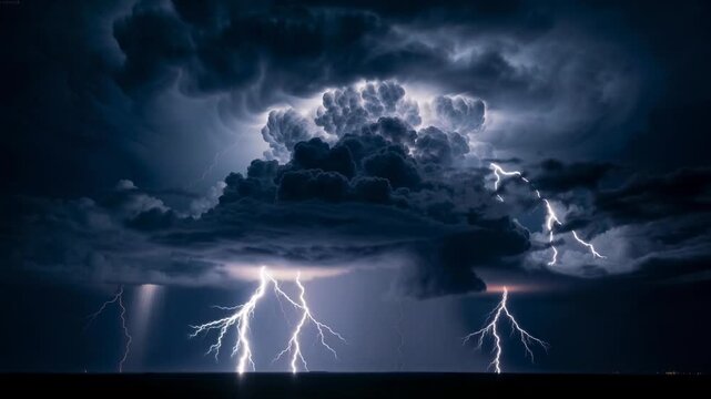 Powerful lightning storm with dark clouds and intense bolts striking over the ocean at night