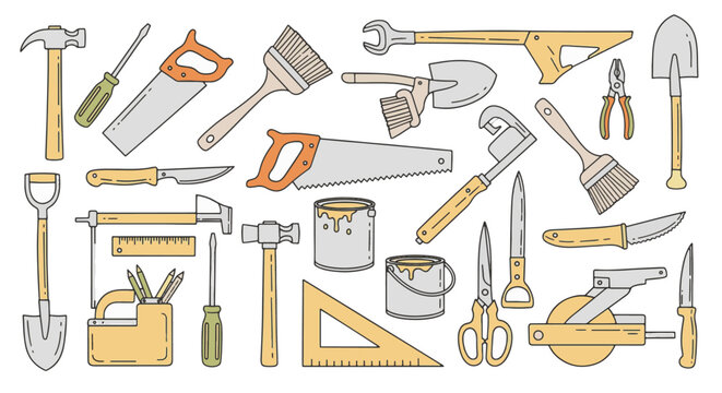 Hand-drawn doodle style construction tools and hardware equipment collection featuring hammer, screwdriver, wrench, saw, drill, pliers, and toolbox isolated on a white background.