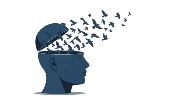 Surreal vector illustration of a human head profile with the cranium opened and a flock of birds flying out from within, representing creative ideas, freedom, and mental health.