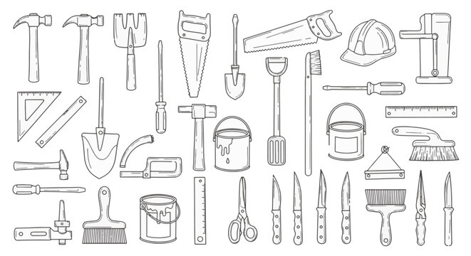 Hand-drawn doodle set of construction and repair tools including hammer, screwdriver, wrench, saw, and measuring tape isolated on a white background for DIY projects.