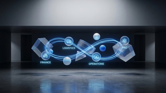 Business process diagram featuring a glowing infinity loop with icons representing finance logistics operations and research in digital space
