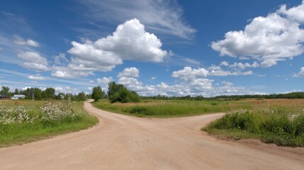 Fototapeta premium Serene Country Crossroads Under Bright Blue Sky with Fluffy Clouds and Lush Green Landscape