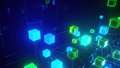 Fototapeta premium Glowing Digital Cubes Connected in Abstract Technology Network
