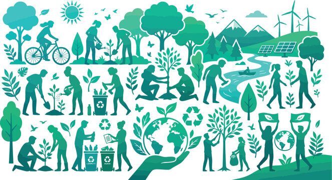Green eco-friendly theme with silhouettes of people caring for nature wind turbine save earth environment sustainability silhouette gardening recycling mountain illustration conservation