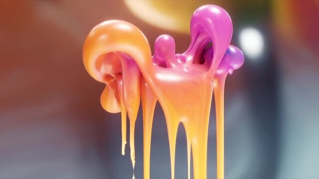 Glossy liquid splash forming soft organic peaks with thick dripping strands, vibrant pink and golden fluid blending in smooth gradients, slow flowing abstract substance with high viscosity