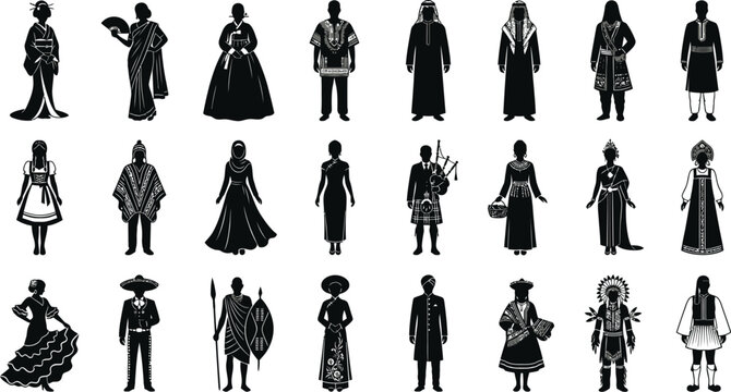 Diverse silhouettes of people in traditional and formal attire with silhouette cultural traditional historical clothing garments diversity collection illustration children ensemble humanity