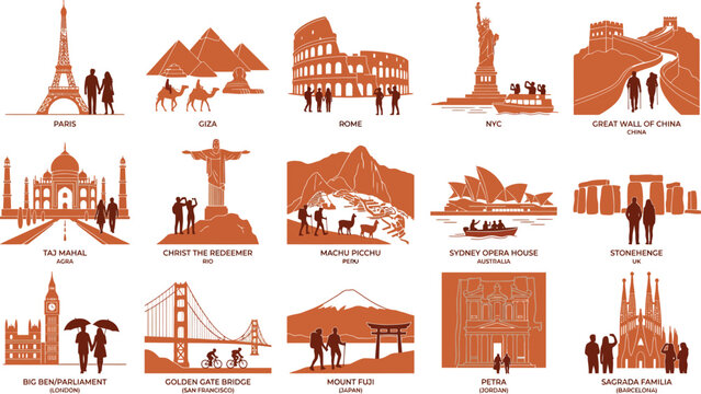 Global landmarks collection silhouette with eiffel tower statue of liberty taj mahal great wall christ the redeemer big ben golden gate bridge mount fuji sagrada familia sydney opera house