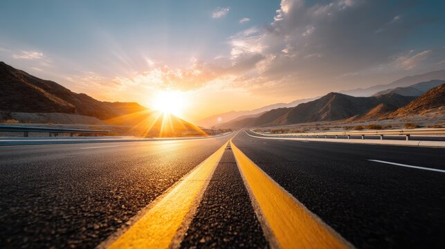 Scenic Sunrise Over Open Highway in Mountains with Vibrant Sky and Road Markings