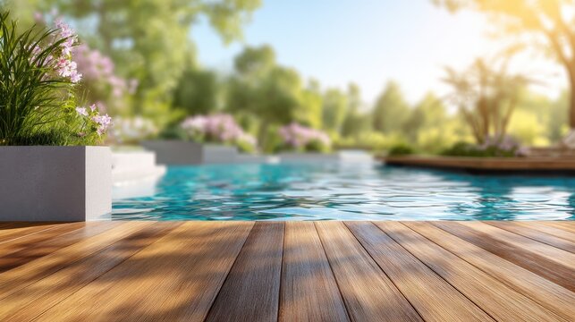 Beautiful Garden Scene with Calm Swimming Pool, Wooden Deck, and Lush Greenery Under Bright Sunlight
