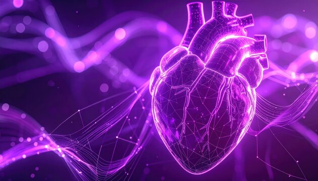 Glowing Digital Human Heart Floating in Abstract Purple Medical Network