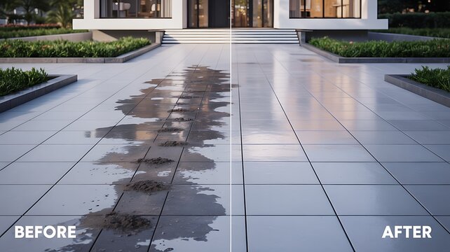 Before and after comparison of a wet tiled area outside a building, showing improved cleanliness