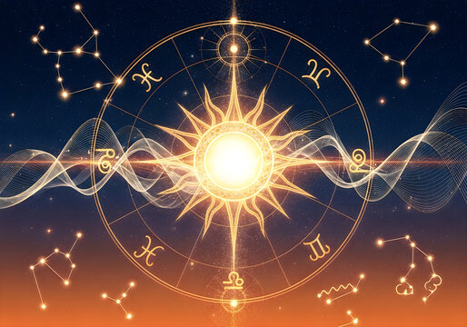 Summer solstice astrology chart with zodiac signs and constellations on a warm sunny day