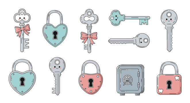 Set of cute hand-drawn vector keys including skeleton keys, heart-shaped keys, house keys, and ornate vintage designs in a simple line art doodle style isolated on a white background.