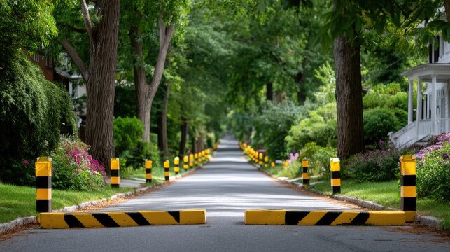 Tranquil Tree-Lined Residential Street with Garden Foliage and Safety Barriers on a Sunny Day