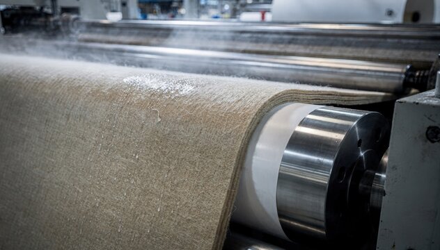 Medium shot revealing closeup felts in the paper press section emphasizing texture and detail as they assist in dewatering the fastmoving paper web.