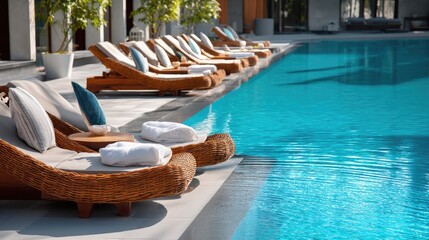 Obraz premium Elegant Outdoor Poolside Lounge Area with Comfortable Sunbeds and Refreshing Water Surface for Relaxation and Leisure