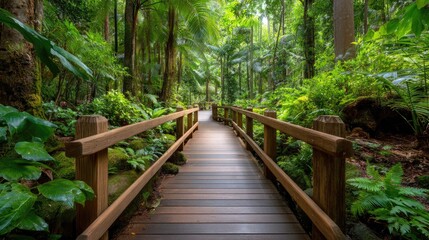 Obraz premium Serene Wooden Pathway Through Lush Green Tropical Forest Surrounded by Vibrant Foliage and Natural Landscape
