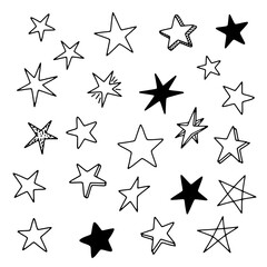 Obraz premium A charming collection of whimsical hand-drawn stars, featuring various styles and sizes in a minimalist black and white doodle aesthetic, perfect for creative design projects and decorative elements