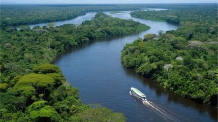 Obraz premium Serene Aerial View of River Meandering Through Lush Green Tropical Rainforest Landscape with Boat