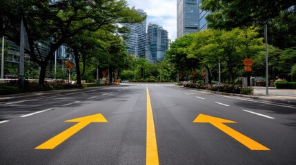 Obraz premium Urban Landscape with Clear Road Markings Surrounded by Green Trees and Modern Buildings Under a Blue Sky