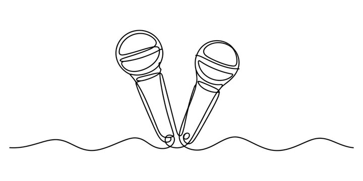 Two microphones drawn in a single continuous line style for music podcast and vocal recording concept art depicting artistic audio equipment for modern shows Vector, illustration