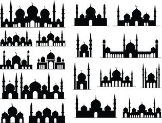 Mosque silhouette collection featuring Islamic architecture with domes and minarets in detailed black vector illustration set © SreeRupali