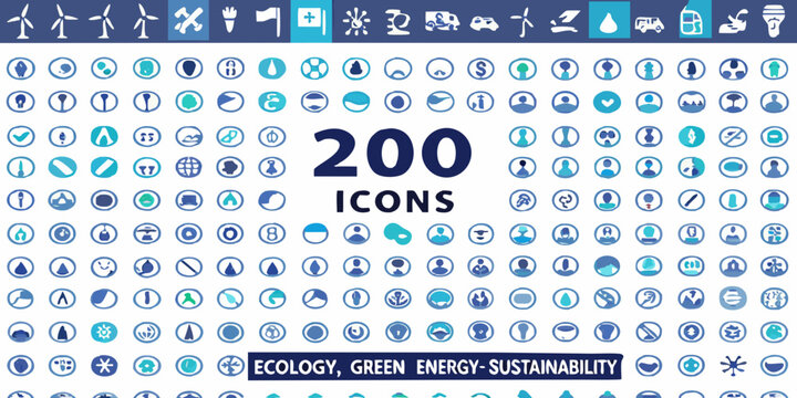 collection of two hundred blue flat icons sustainability theme