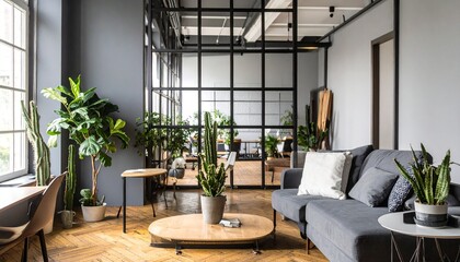 Fototapeta premium Modern living room interior with plants and gray couch in office space