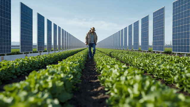 Vertical Bifacial Solar Panels in Rows of Green Lettuce Crops on Agrivoltaic Farm, Sustainable Agriculture and Renewable Clean Energy Innovation