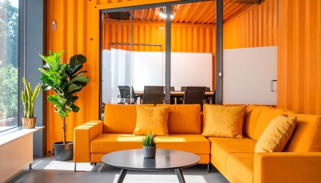 Modern orange shipping container office interior with sofa and plants