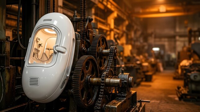 Futuristic medical hyperbaric chamber inside a heavy machinery factory