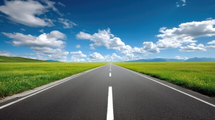 Fototapeta premium Endless Road Stretching Through Expansive Green Field with Vibrant Blue Sky and Fluffy Clouds Above