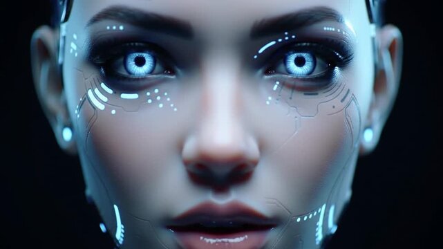 Futuristic female cyborg face with glowing blue eyes.