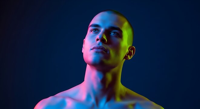 Bald Young Man Looking Up Under Colorful Neon Light in Dark Studio